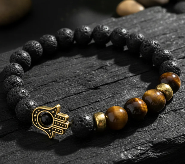 Pulseras Hamsa con Piedra de Lava y Ojo de Tigre