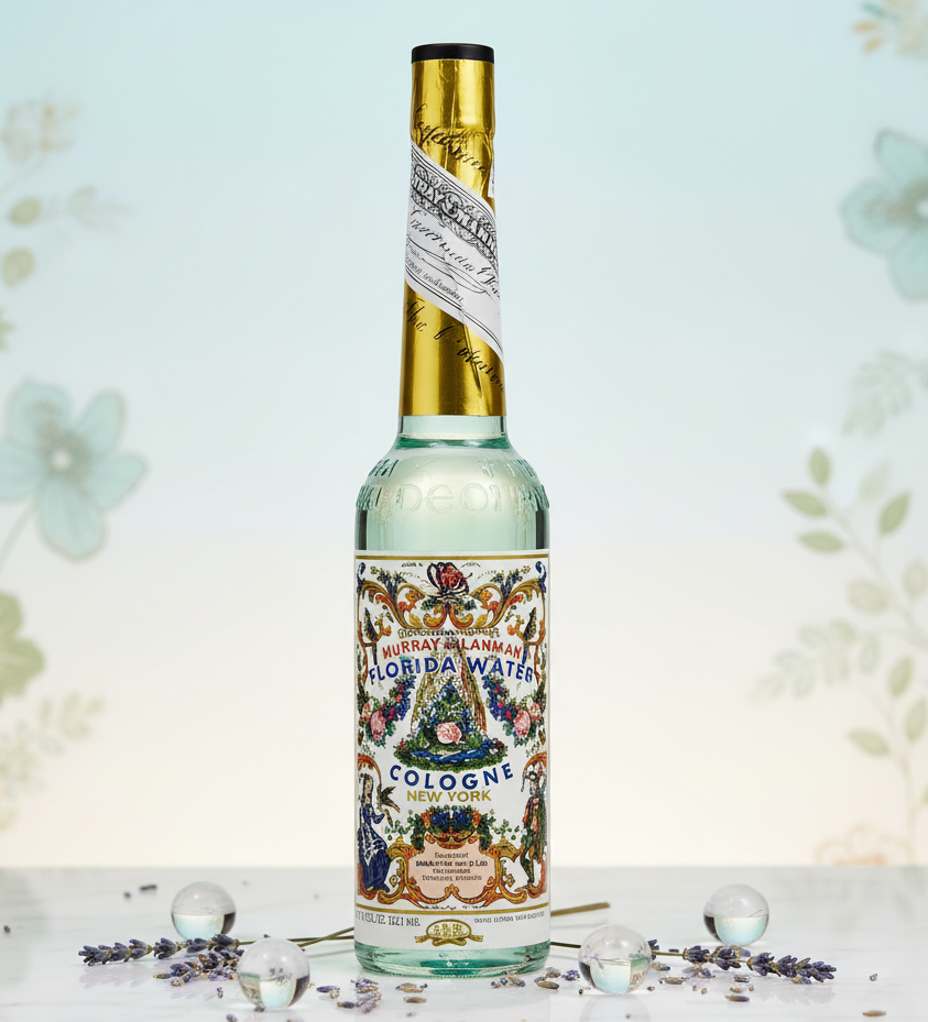 Botella de 200ml de Agua de Florida con diseño clásico de Robert I. Murray para usos espirituales y aromáticos.