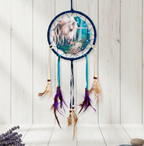 Atrapasueños con ilustración de Lisa Parker que muestra un unicornio y un hada, con plumas y detalles mágicos para colgar.