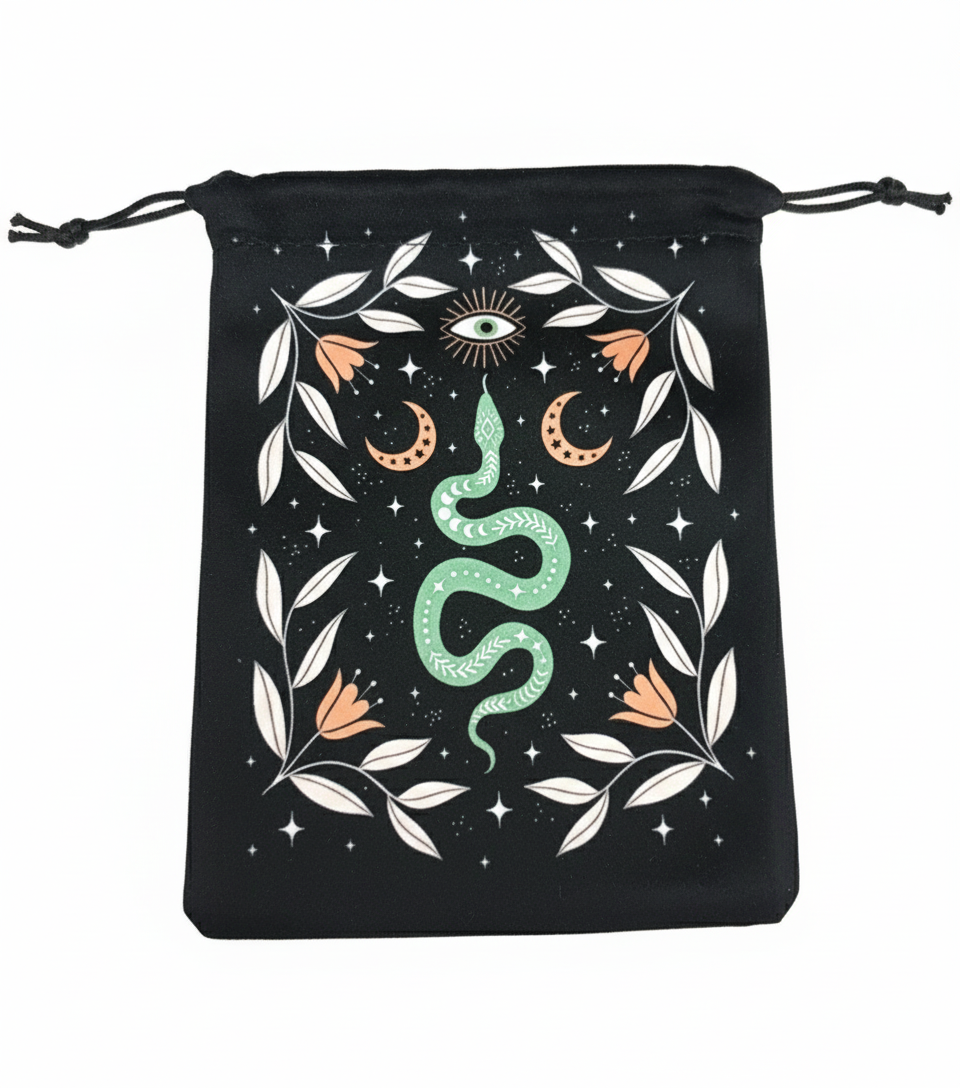 Bolsa de terciopelo para tarot con ilustración de una serpiente mística a doble cara, símbolo de sabiduría y poder interior.