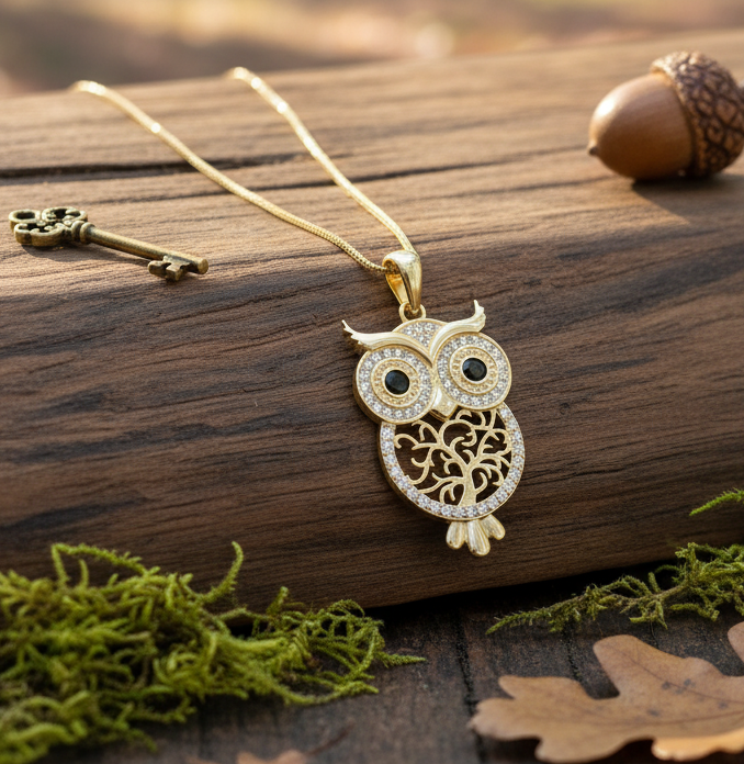Owl Necklace with Tree of Life | 925 Sterling Silver Gold Plated