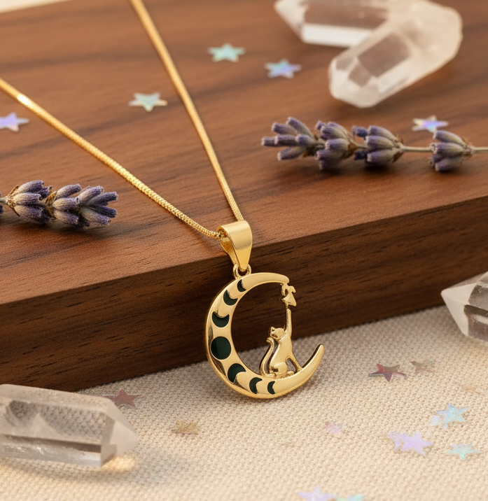 Cat and Moon Phases Pendant | 925 Sterling Silver Gold Plated