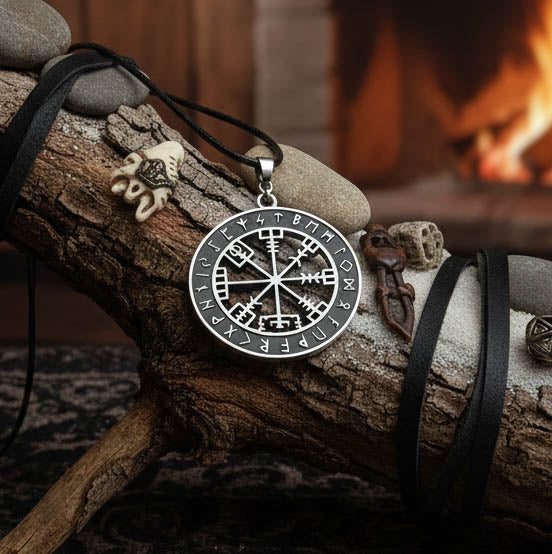 Colgante circular de metal con el símbolo Vegvísir y runas nórdicas.