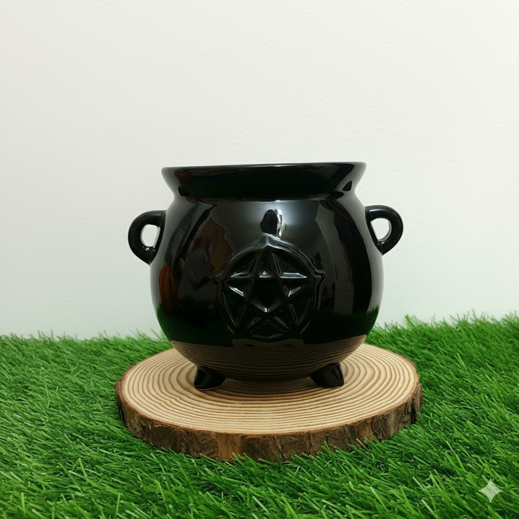 "Witch's Cauldron" Planter - Black Ceramic with Pentagram
