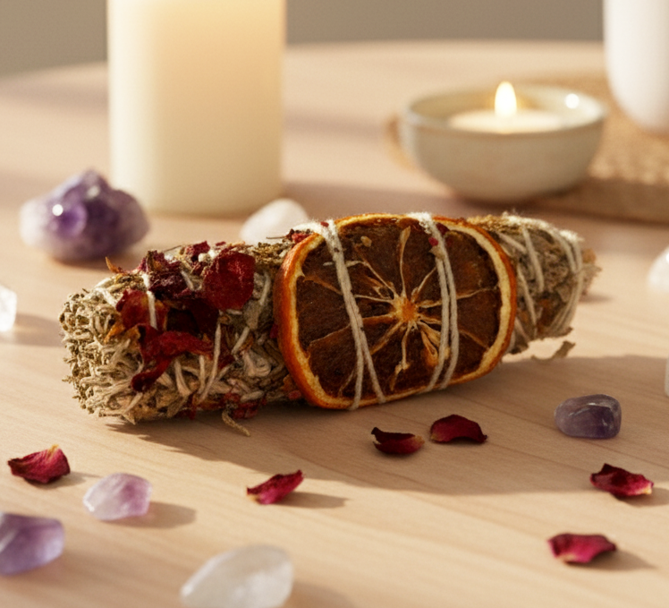 Atado Salvia del Himalaya, Naranja, Rosa, Tulsi y Rhododendron | Sahumerio