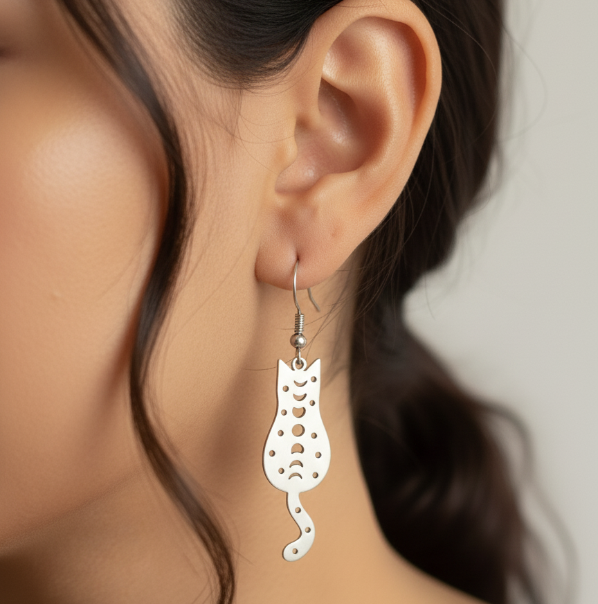 Cat Earrings with Moon Phases in Stainless Steel