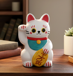 Hucha de cerámica con forma de gato de la suerte japonés Maneki Neko en color blanco con detalles rojos, amuleto de prosperidad.
