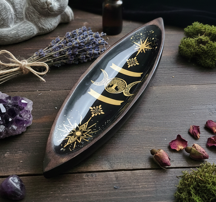Large Mango Wood Incense Holder - Triple Moon