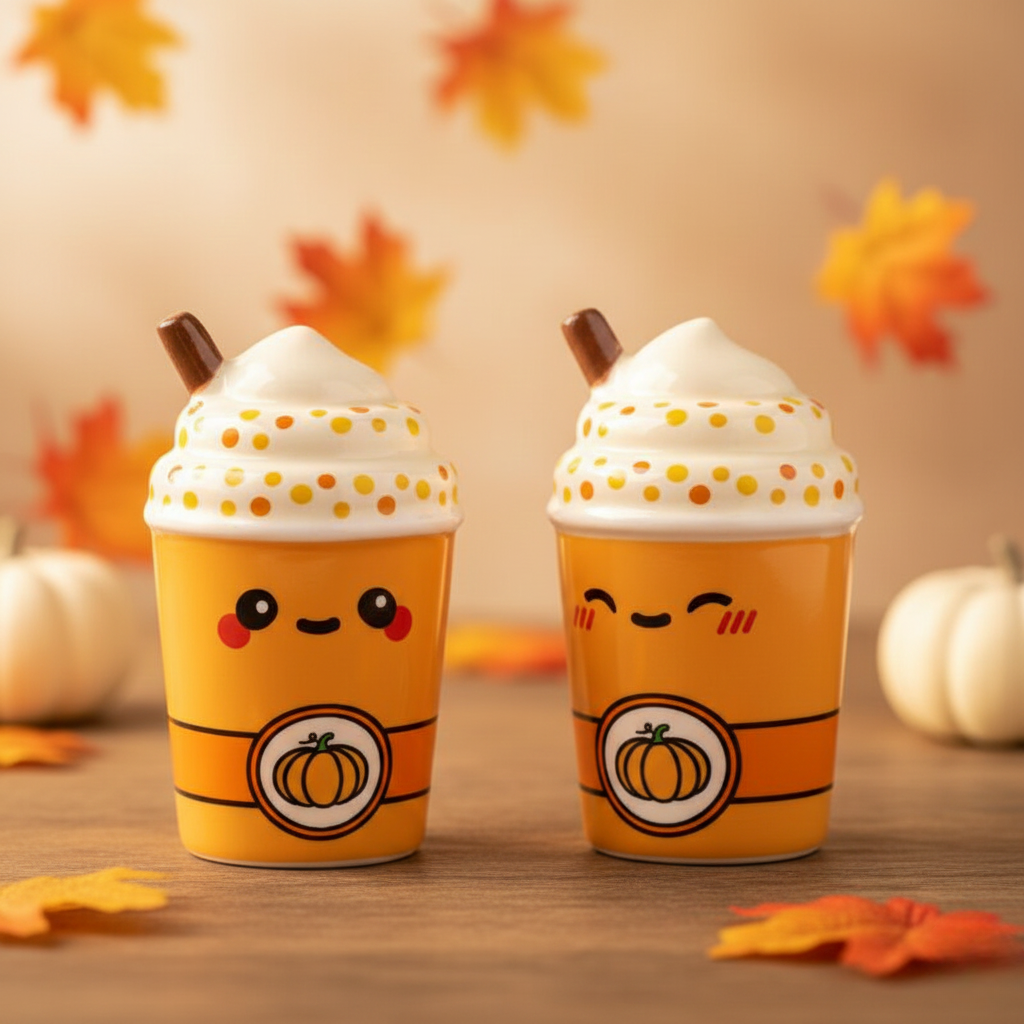 Set de salero y pimentero con forma de tazas de café con nata y calabaza, estilo kawaii con caritas sonrientes.