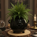 Macetero pequeño con forma de caldero de bruja en cerámica negra brillante con un pentagrama en relieve, sobre fondo místico.