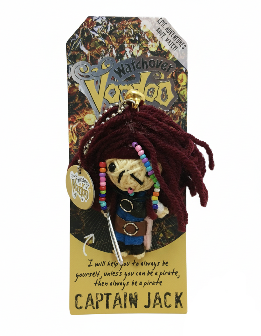 Muñeco Voodoo Captain Jack de Watchover con espada y abalorios, amuleto para la libertad, la valentía y el espíritu aventurero.