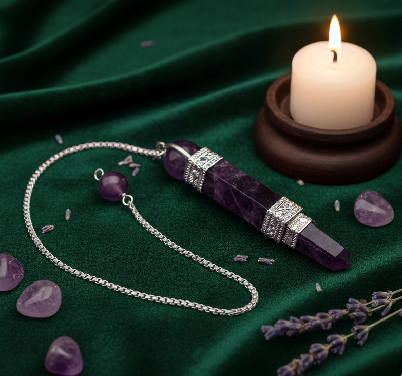 Péndulo de piedra amatista violeta tallada con cadena metálica, ideal para terapias energéticas y adivinación.