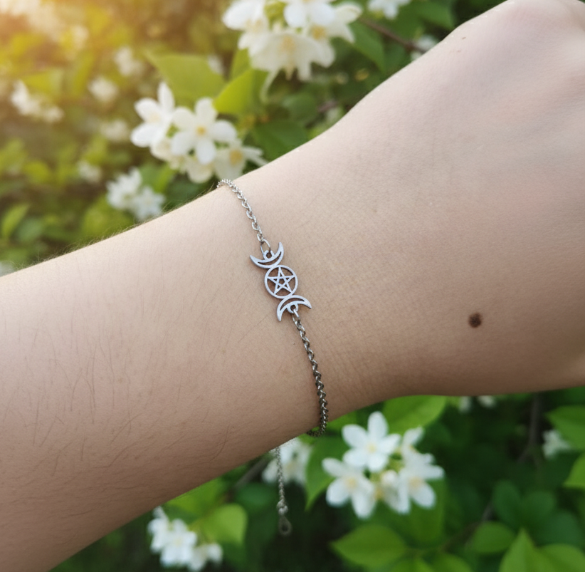 Triple Moon Bracelet with Pentacle in Stainless Steel