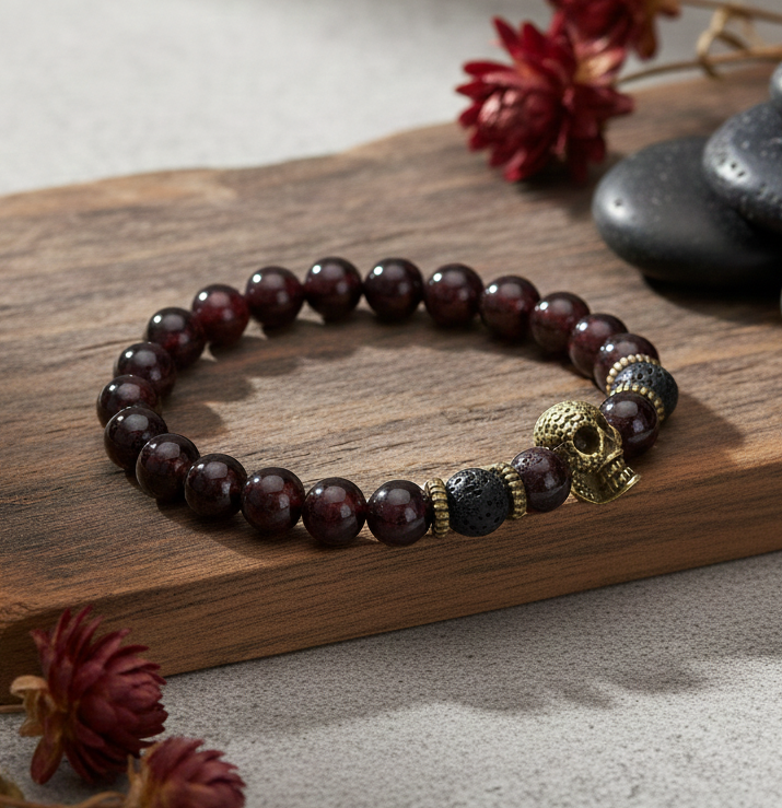 Bronze Skull Bracelets with Lava Stone and Bloodstone