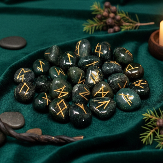 Set de piedras rúnicas grabadas en mineral de piedra sanguinaria verde con vetas rojas, incluye bolsa..