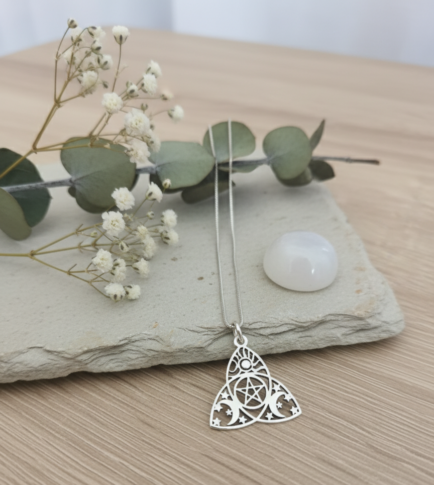 Celtic Solar and Lunar Triquetra Necklace in 925 Sterling Silver