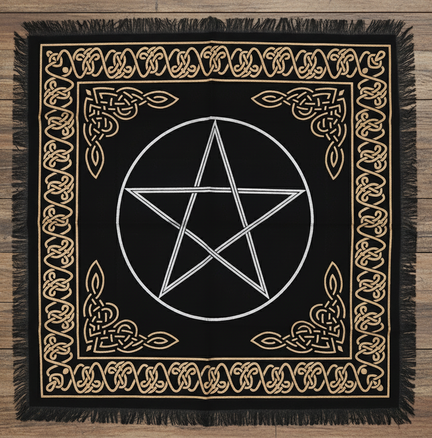 Tapete cuadrado negro para altar con un pentáculo central y nudos celtas en color dorado para rituales místicos.