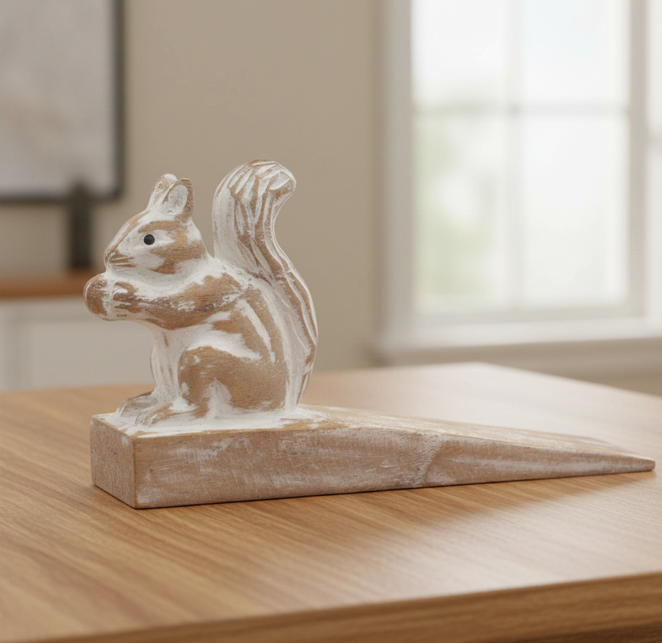 Tope de puerta de madera tallada a mano con forma de ardilla en tonos naturales beige y blanco, estilo rústico.